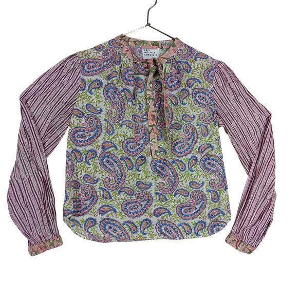 Joey Wolffer Reworked Paisley Boho Blouse Size XS Pink and Blue Long Sleeve - Picture 5 of 9